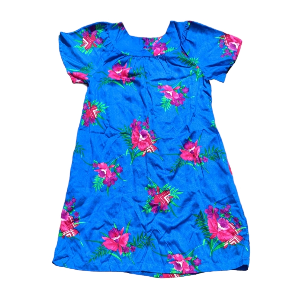 Vintage handmade Hawaiian style mumu dress bright blue with pink flowers